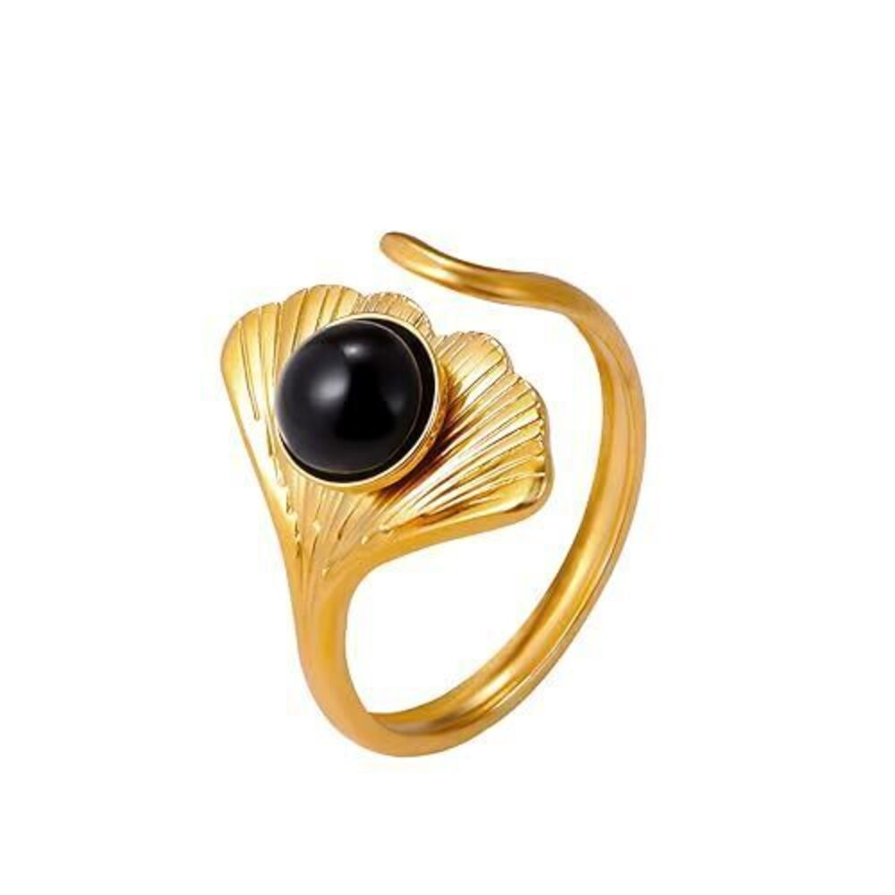 1742 Black Obsidian Ring  18K Gold Plated Ginkgo Leaf Statement Ring